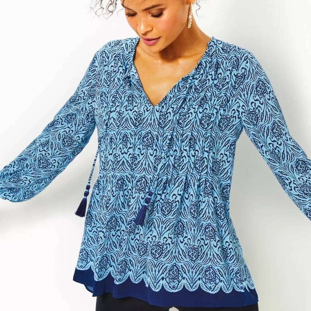 Lily Pulitzer Markina Bon Bon Blue Tunic Top Size L Flowy Beach Resort